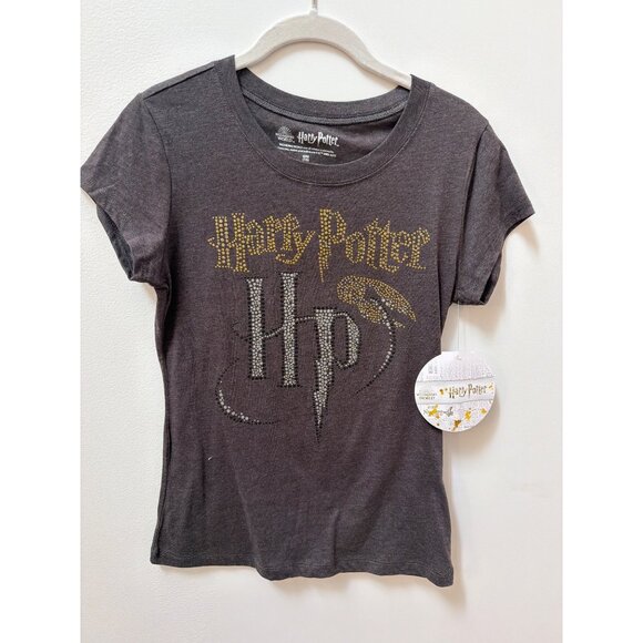 Harry Potter Gray Graphic Tee Size M Wizarding World Glitter Text Womens Shirt n - Picture 1 of 5